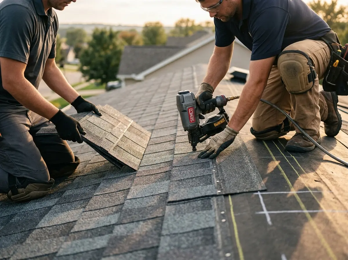 Professional roofer working on a residential roof in North Highlands